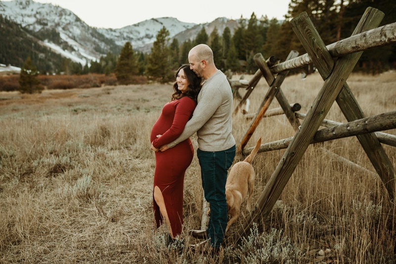 A mom to be in a red dress leans into her partner in a mountain field with their brown dog playing around them before going to skiing truckee
